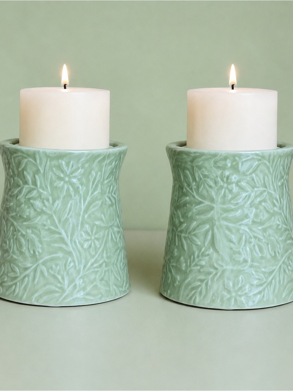 NWT Sonoma Green Embossed Ceramic Candle Sleeves Set of 2 Floral Holders
